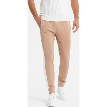 Ombre Clothing Pánské béžové tepláky s kontrastním lemováním V4 PASK-0229