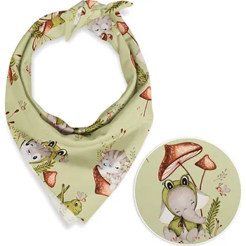 Dětský bavlněný šátek Sandra SA-474 Žabky a zvířátka mezi houbami na zeleném 55 x 55 cm