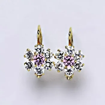 Náušnice Zlaté náušnice kytka čiré zirkony a pink zirkon - VE24 - žluté zlato (Náušnice se zirkony ve žlutém zlatě)