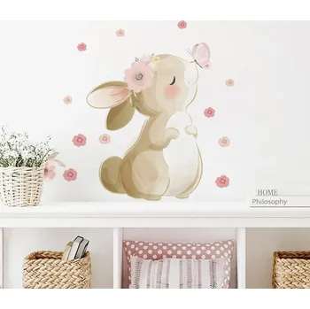 Samolepící dekorace Boho samolepka s králíčkem, motýlem a květinami na stěnu | zvířecí dekorace