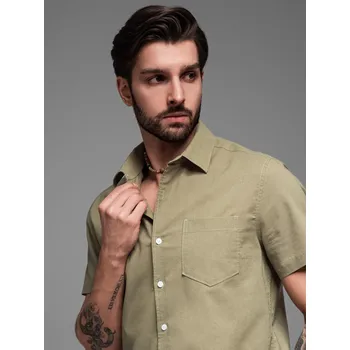 Pánská košile Pánská košile z bavlny a lnu s krátkým rukávem a kapsou - olivová V6 OM-SHSS-0167 - M