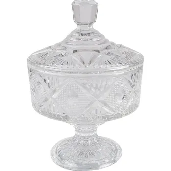 Talíř Transparentní skleněná nádoba na bonbony s víkem s ozdobnými tvary a proužkami na stojací noze – 12x17 cm