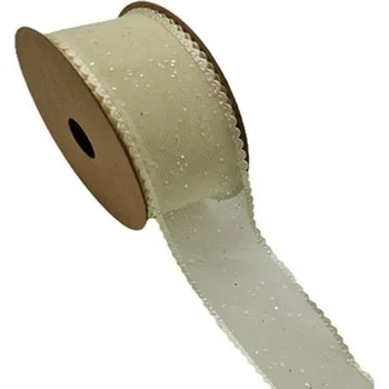 Stuha Dekorační stuha s třpytkami a ozdobným lemem krémová 3,8 cm