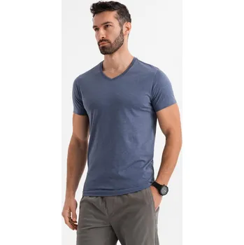 Pánské tričko Pánské klasické bavlněné tričko BASIC s výstřihem do V - modrý melír V18 OM-TSBS-0237 - XXL