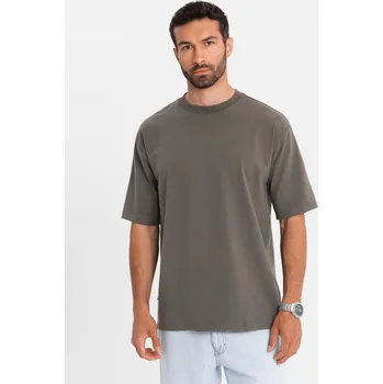 Pánské bavlněné tričko LOOSE FIT s kulatým výstřihem - tmavě olivové V7 OM-TSBC-0234 - L