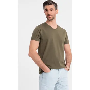 Pánské tričko Pánské klasické bavlněné tričko BASIC s výstřihem do V - tmavě olivově zelené V6 OM-TSBS-0237 - XXL
