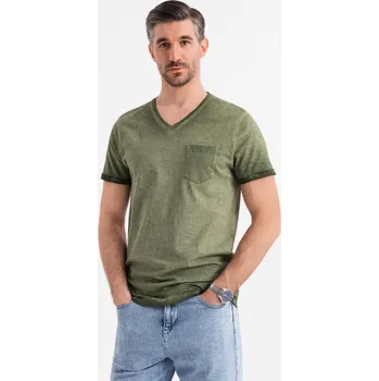 Pánské bavlněné tričko s výstřihem do V a sepraným efektem - olivové V9 OM-TSWT-0242 - L