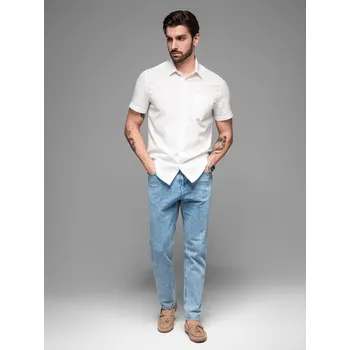 Pánská košile Pánská košile s krátkým rukávem ze lnu/bavlny s kapsou - lomená bílá V1 OM-SHSS-0167 - S