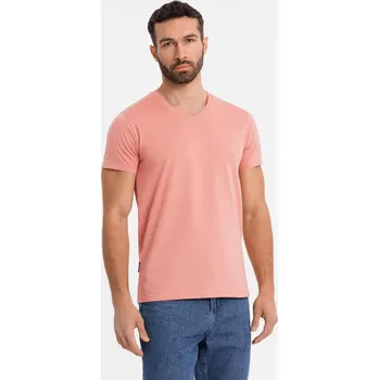 Pánské tričko Pánské klasické bavlněné tričko BASIC s výstřihem - růžové V7 OM-TSBS-0237 - XL