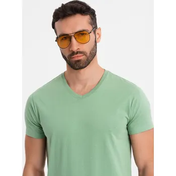 Bavlněné klasické pánské tričko BASIC s výstřihem do V - zelené V11 OM-TSBS-0237 - XL