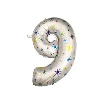 Balónek Fóliový balónek číslice "9" bílý s hvězdičkami (100 cm)