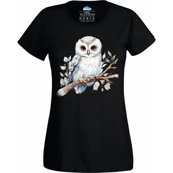 Dámské tričko Dámské tričko Sova sněžní mládě na větvi (Velikost: 4XL, Barva: Černá)