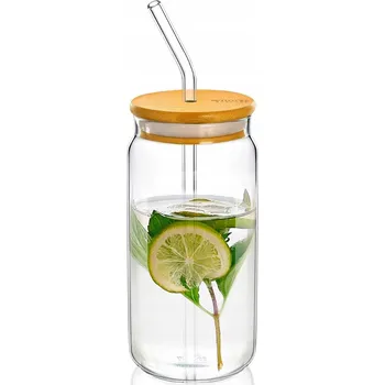 Sklenice Skleněná zavařovací sklenice na vodu a limonádu s bambusovým víčkem a brčkem 500 ml