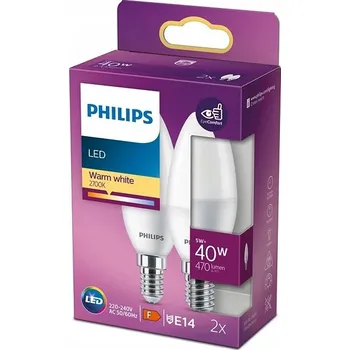 Žárovka 2x LED Žárovka Svíčka E14 4,9W = 40W 470lm 2700K Teplá Bílá PHILIPS