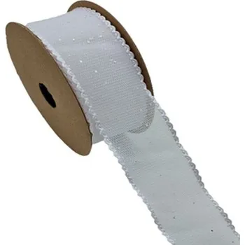 Stuha Dekorační stuha s třpytkami a ozdobným lemem bílá 3,8 cm