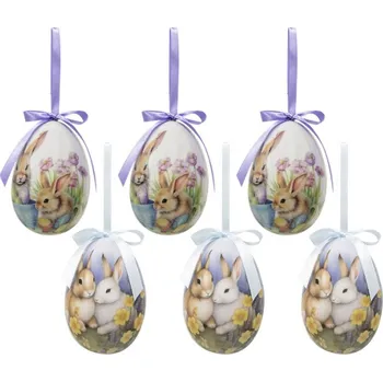 Velikonoční dekorace Sada 6 ks modro-fialová velikonoční vajíčka se zajíčky I – 7x10 cm