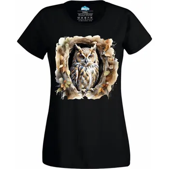 Dámské tričko Výr velký v dutině stromu (Velikost: 4XL, Barva: Černá)