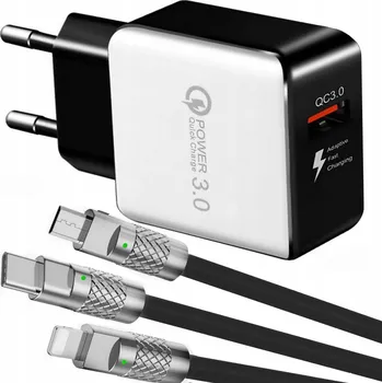RYCHLÁ SÍŤOVÁ NABÍJEČKA QC 3.0 + ZESÍLENÝ KABEL PRO IPHONE, MICRO USB-C 3v1