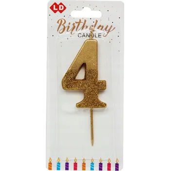 Dortová svíčka ZLATÁ SVÍČKA NA DORT S BROKÁTY ČÍSLICE ČTYŘI 4