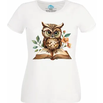 Dámské tričko Dámské tričko Moudrá Sova s knihou (Velikost: XS, Barva: Bílá)