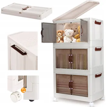 Úložný box PLASTOVÁ SKŘÍŇKA SKLÁDACÍ REGÁL 3 ÚROVNĚ SE DVÍŘKY NA KOLEČKÁCH 49x86