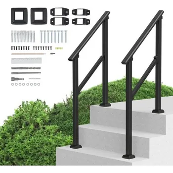 Zábradlí Madla VEVOR pro venkovní schody, sada 2 ks madel pro 2-3 schody, přechodové zábradlí z uhlíkové oceli s instalační sadou, schodišťové zábradlí pro seniory, betonové a verandové a terasové, černá čtvercová trubka