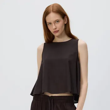 Dámské tričko Reserved - Top s příměsí lnu - tmavě hnědá - VU803-89X - VU803-89X-XL