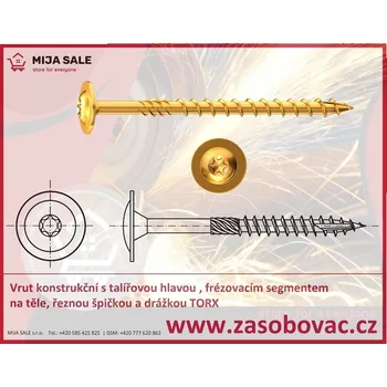 Vrut P 6x40 Vrut konstrukční s talířovou hlavou, frézovacím segmentem na těle, zinek bílý