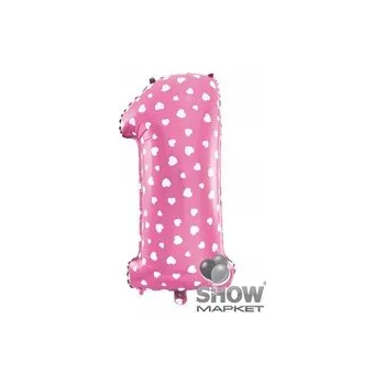 Balónek Fóliový balónek Číslice "1" Růžový se Srdíčka (100 cm)