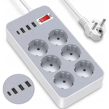 Elektrická zásuvka Zásuvková lišta 10v1, 6 zásuvek + 3x USB A + 1x USB C s vypínačem