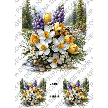 Umělecký papír Rýžový a soft papír na decoupage - Kytice jarní s pozadím - KB03460 Materiál: Soft, Rozměr: A4