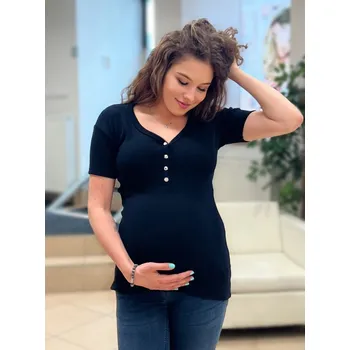 Mama L'amour Premium, elegantní těhotenské a kojící tričko Florence černé žebrované Velikost: M
