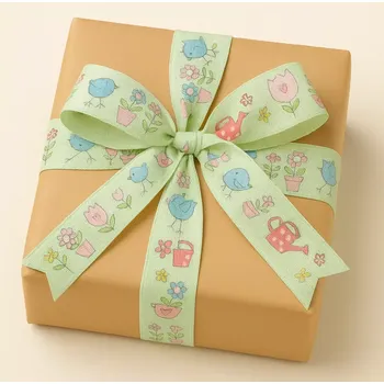 Stuha Jarní stuha bavlněná PINK BIRDIE 25mm x 2m (10,-Kč/m) (jarní stuha bavlněná, pastelově zelená, jednostranný potisk, s vetkaným vlascem v lemu)