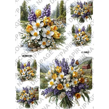 Umělecký papír Rýžový a soft papír na decoupage - Kytice jarní s pozadím - KB03462 Materiál: Soft, Rozměr: A4