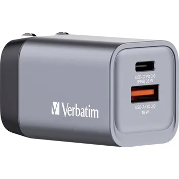 Nabíječka baterií Verbatim GNC-35 GaN cestovní nabíječka, GaN, s adaptérem pro Evropu, s britským adaptérem, s americkým adaptérem, 1x USB A , 1x USB-C®, 35 W, Dodávka energie,