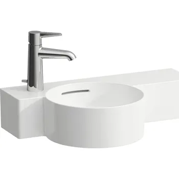 LAUFEN VAL - kulaté umývátko, s odkládací plochou vpravo, řezatelné do 430 mm (H815283) Barva: Bílá, Provedení: bez přepadu, bez otvoru pro baterii