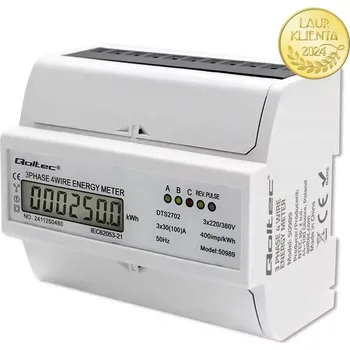 Bezpečnostní detektor Qoltec 50989 Qoltec Třífázový obousměrný elektronický elektroměr | Měřič spotřeby energie na DIN lištu | 400V | 100A | LCD | 4P (Elektronický třífázový měřič spotřeby energie pro montáž na lištu DIN 35 slouží k průběžnému sledování úrovně spotřeby)