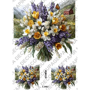Umělecký papír Rýžový a soft papír na decoupage - Kytice jarní s pozadím - KB03461 Materiál: Soft, Rozměr: A4
