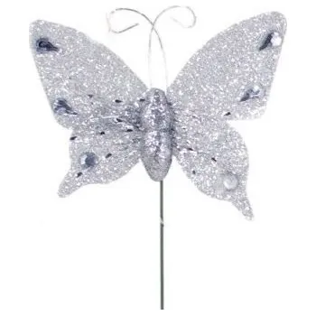 Zápich - dekorační motýl 8cm,. stříbrá
