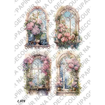 Umělecký papír Rýžový a soft papír na decoupage - Okno, květina, vintage - KB0878 Materiál: Soft, Rozměr: A4