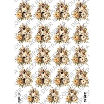 Umělecký papír Rýžový a soft papír na decoupage - Domeček, ptáček, květy - KB0869 Materiál: Soft, Rozměr: A4