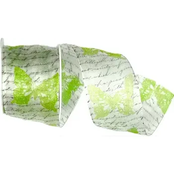 Stuha Stuha organzová Garden Poem – Pea Green hráškově zelená 40mm x 2m (16,- Kč/m) (Stuha organzová, potisk písmo a motýl, s vetkaným vlascem)