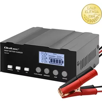 Nabíječka autobaterie Qoltec 52491 Inteligentní mikroprocesorová nabíječka Qoltec 12V | 12,6 V | 24V | Usměrňovač s funkcí opravy pro AGM GEL | LCD (Inteligentní mikroprocesorem řízená nabíječka pro nabíjení a opravu 12V, 12,6V a 24V baterií s LCD displejem. Ideální pro AGM,)