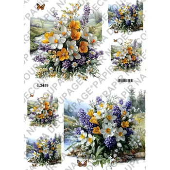 Umělecký papír Rýžový a soft papír na decoupage - Kytice jarní s pozadím - KB03459 Materiál: Soft, Rozměr: A4