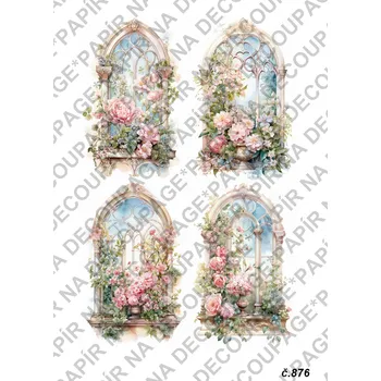 Umělecký papír Rýžový a soft papír na decoupage - Okno, květina, vintage - KB0876 Materiál: Soft, Rozměr: A4