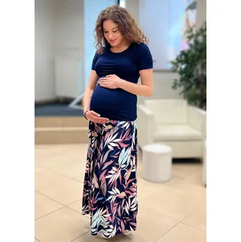 Těhotenská sukně Mama L'amour Dlouhá těhotenská sukně Zoe tmavě modrá s barevnými listy Velikost: M/L