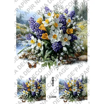 Umělecký papír Rýžový a soft papír na decoupage - Kytice jarní s pozadím - KB03458 Materiál: Soft, Rozměr: A4