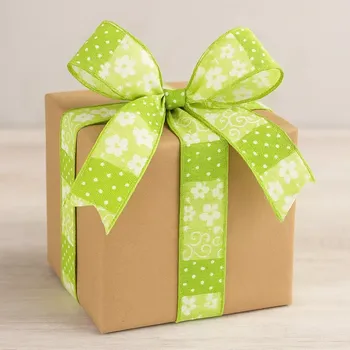 Stuha Stuha GREEN FLOWER hráškově zelená25mm x 20m A (4,50 Kč/m) (Stuha taftová, oboustranný potisk, s drátkem v lemu)