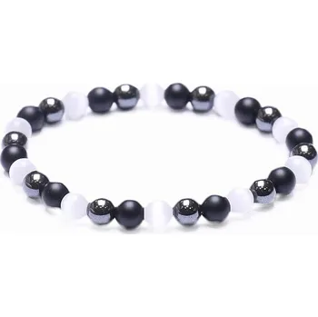 Náramek Hematit módní náramek s černým achátem a bílým ulexitem obvod cca 16 až 21 cm