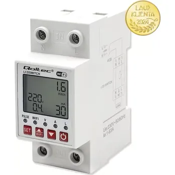 Bezpečnostní detektor Qoltec 50990 Relé Qoltec 63A na DIN lištu s elektroměrem | Časovač | Tuya | Wi-Fi | LED (Inteligentní Wi-Fi relé určené pro použití v jednofázových instalacích. Zařízení kombinuje funkce měření spotřeby elektřiny a dálkového ovládání přes mobilní aplikaci